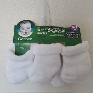 Gerber Baby White Socks Boys & Girls Plush 6 Pack Size 0-3 Months Organic Cotton